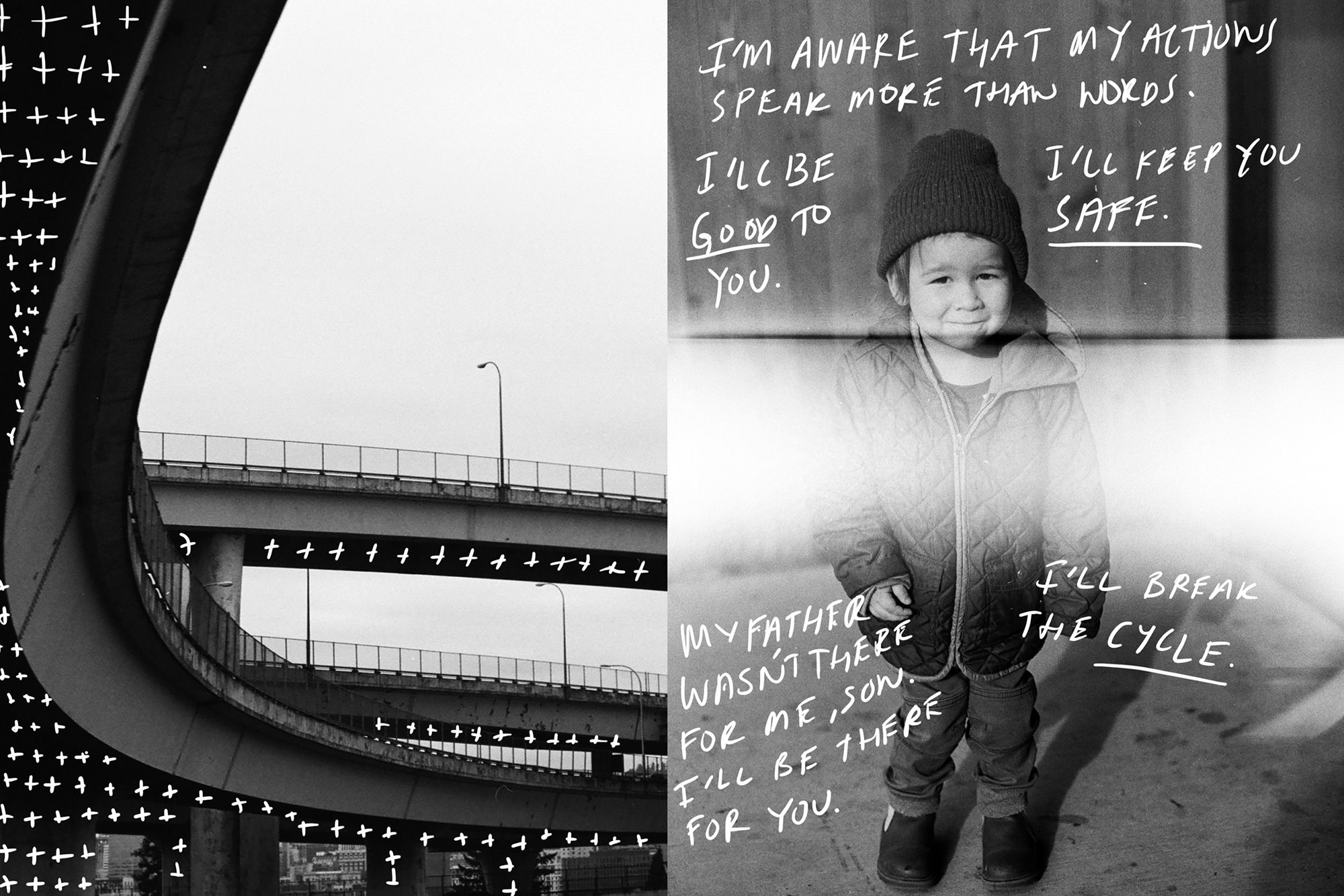 Image description: a series of black-and-white photographs consisting of the artist as a child, his own child, the landscape that surrounds him, and a drawn black silhouette of the absence of his father, with handwriting by the author directed at his father, how he disappointed him, and the role model he wants to be to his own son. Art by Josué Rivas.