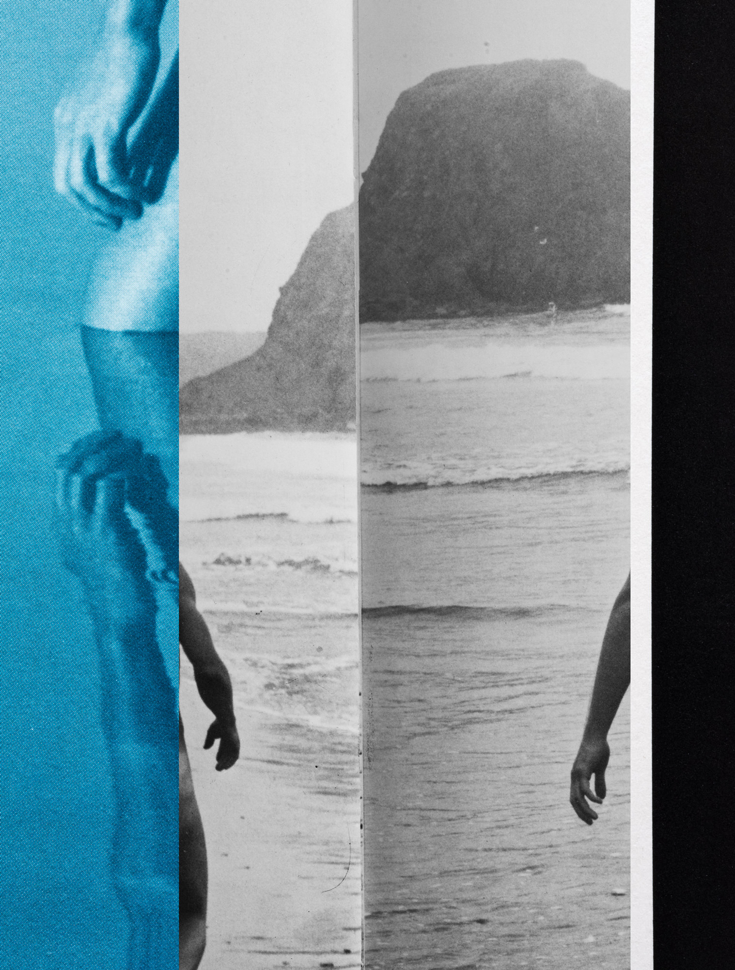 Image description: Photography collage featuring crops of a man’s body walking along the water. Art by Pacifico Silano.