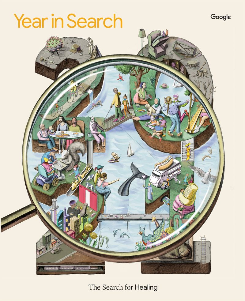 An illustration of the number “2021,” with the outer edges of the numbers gray and showing sad, broken scenes. A magnifying glass held over the middle of the numbers reveals colorful, vibrant scenes of people living their lives.