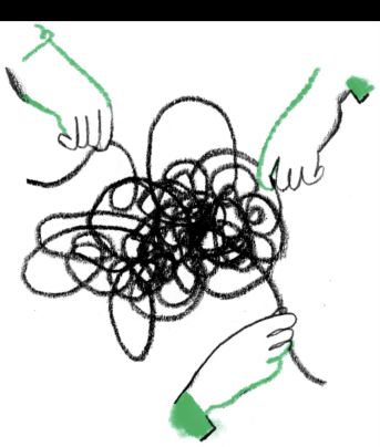 Ilustración de manos desenredando un gran trozo de cuerda