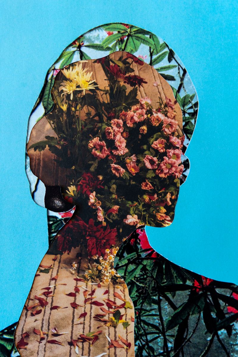 A collage of images of various flowers in the shape of a person’s head and shoulders.