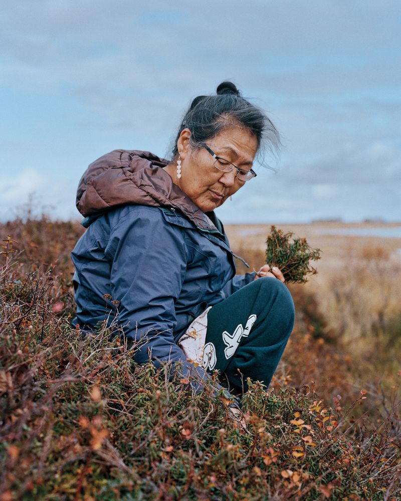 A woman sits in a field, picking herbs.