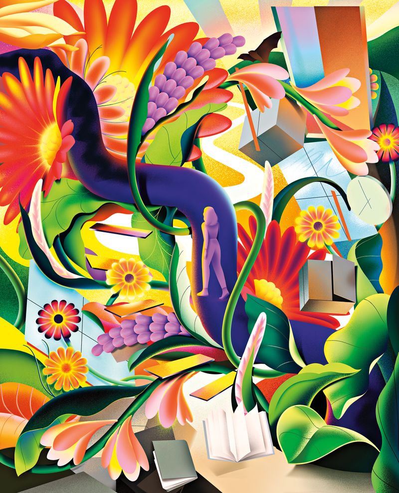 A brightly colored illustration of a jungle with a woman walking through it.