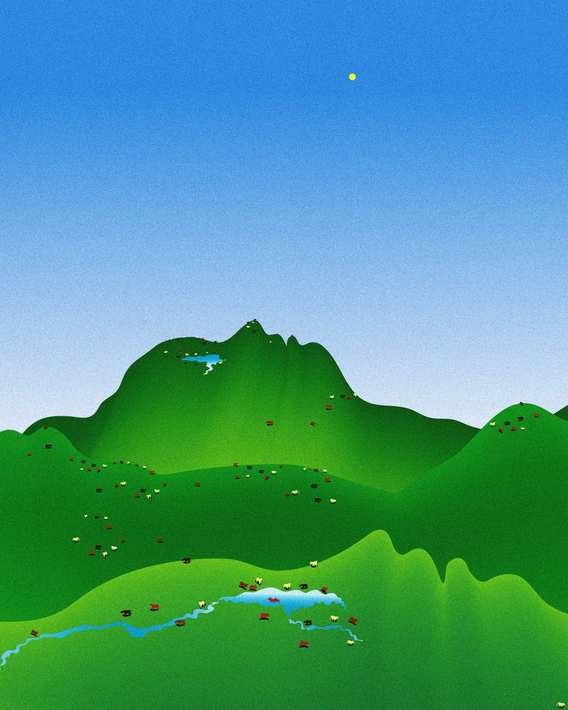 An illustration of green mountains dotted with tiny cows and a blue stream. The mountains are shaped like two people lying down beside each other.