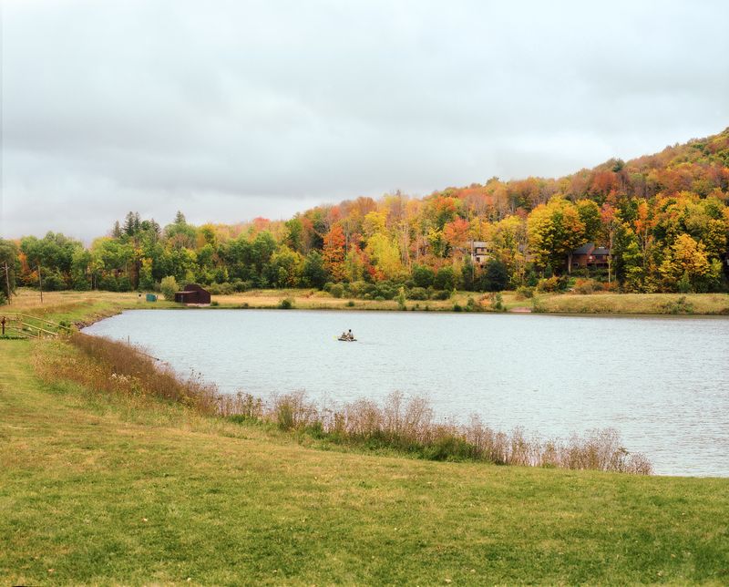 A lake is surrounded by trees in fall foliage.