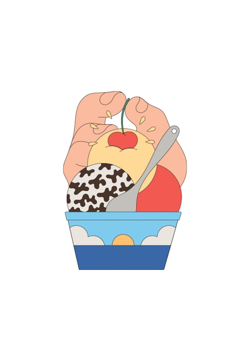 Ilustración de una mano tomando la cereza de un helado