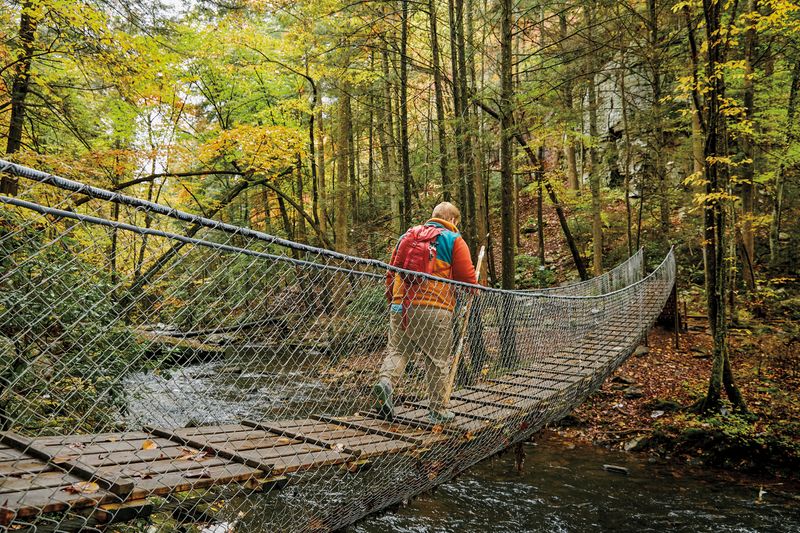 A man walks across a bridge over a stream in the woods.